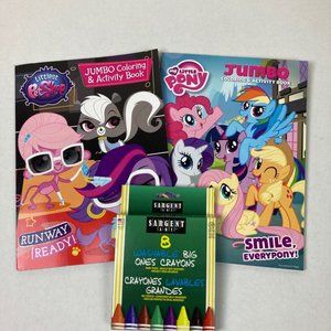 Little Pony  & Littlest Pet Shop Jumbo Coloring /Activity Book & Big Crayons New